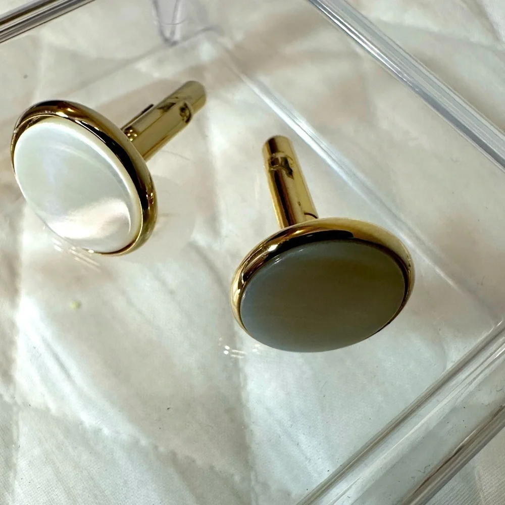 Mens Gold Tone Pearl Cufflinks Vintage Round Discs